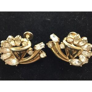 Hollycraft 1952 Vtg Art Deco Gold Tone Rhinestone Screw Back Clip On Earrings